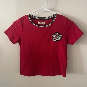 Y2K Hollister Thermal Baby Tee Womens XS Red Sequined Tiger Patch Streetwear